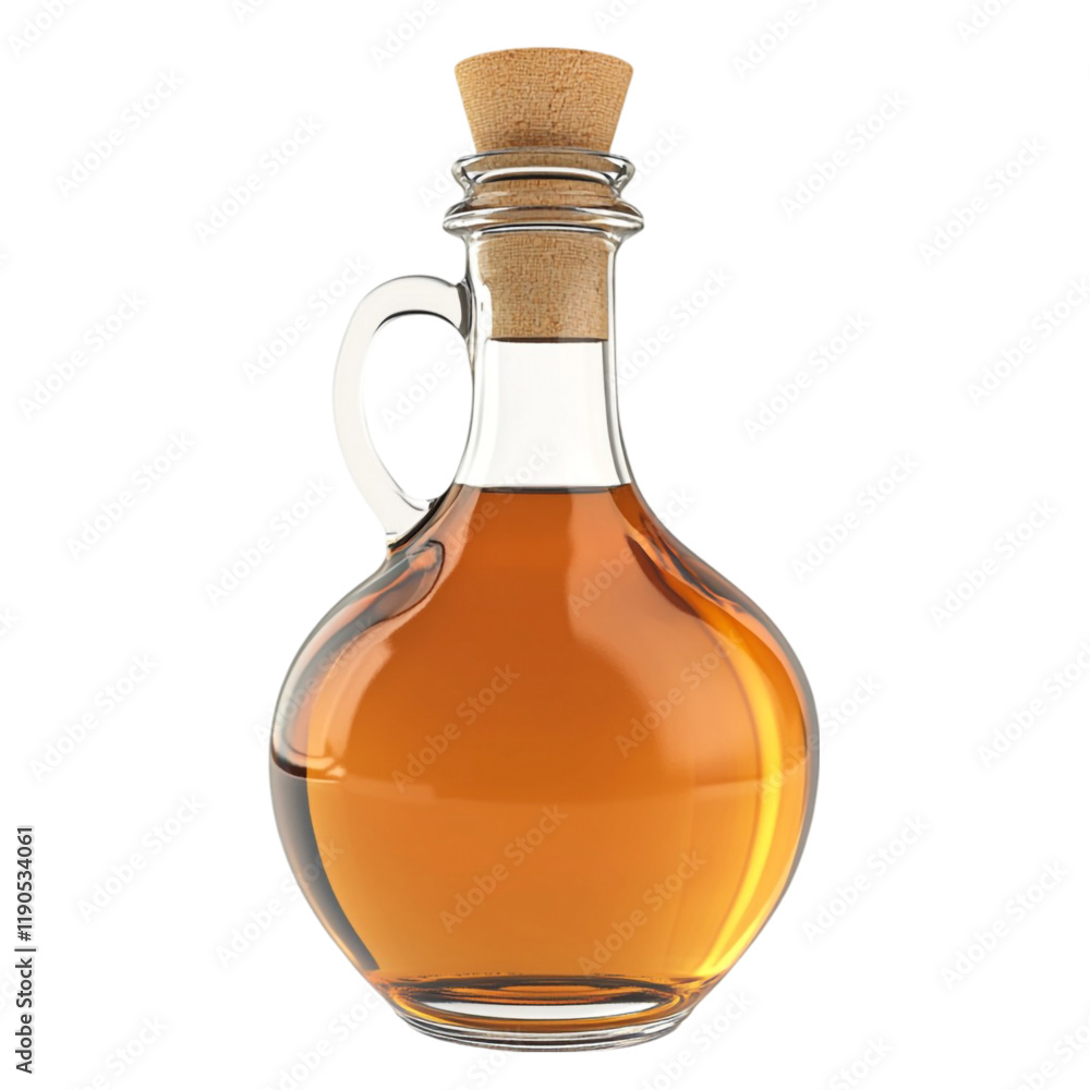 Amber liquid in a glass bottle with a cork stopper A delightful drink or cooking oil Amber liquid in a glass bottle with a cork stopper A delightful drink or cooking oil