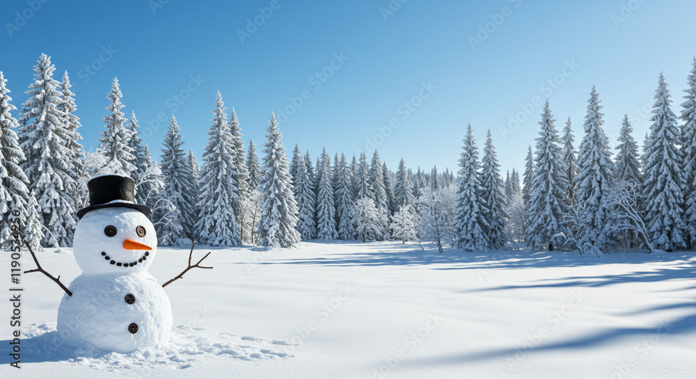 Obraz premium A joyful snowman welcomes the winter season in a picturesque snowy landscape with a distant mountain range