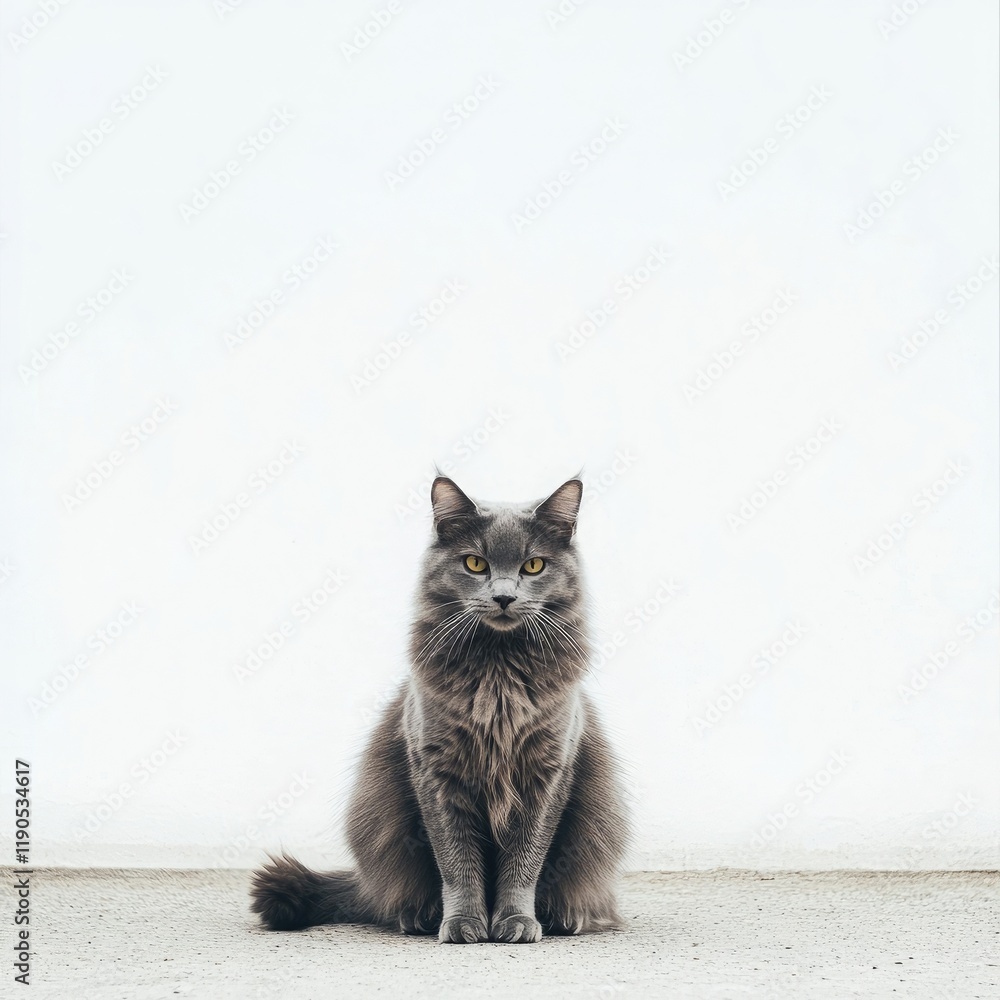 Obraz premium A gray cat sitting on the ground, white background, front view, full-body shot