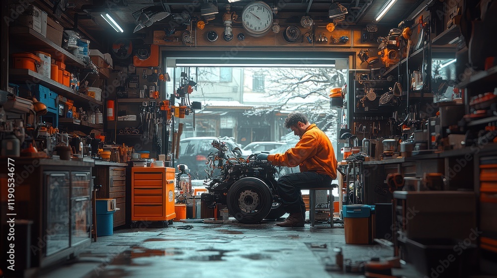 Man repairing engine in cluttered garage. Man repairing engine in cluttered garage.