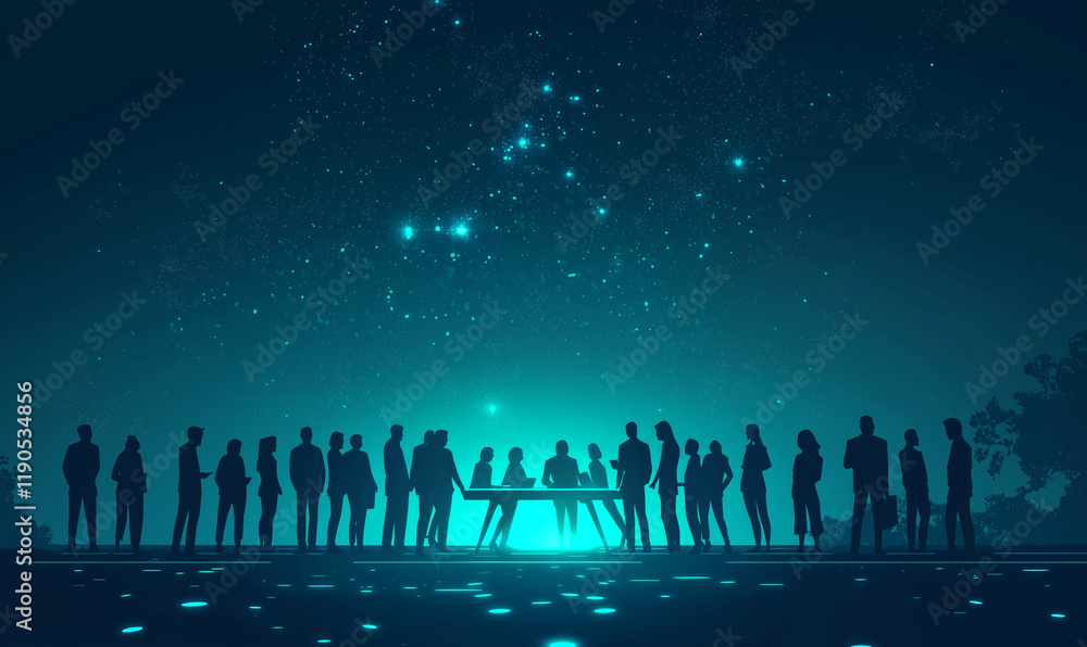 Silhouettes of people gather around a table under a starry sky, creating a mystical and contemplative atmosphere. Silhouettes of people gather around a table under a starry sky, creating a mystical and contemplative atmosphere.