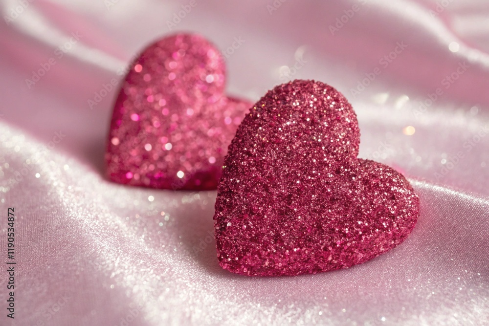 Fototapeta premium Two Hearts On Pink Glitter In Shiny Background - Valentine's Day Concept