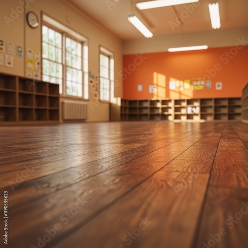 Empty classroom interior, wide wooden floor, orange walls, large windows, natural lighting, cubbies along walls, institutional setting, preschool or elementary school, clean and spacious, symmetrical  photo