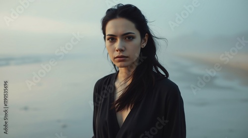 A serene portrait of a woman standing on a misty beach, evoking contemplation and calmness.
