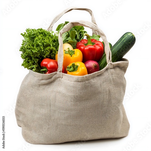 A reusable grocery bag filled with fresh produce, isolated on a white background. photo