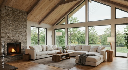 Wallpaper Mural rustic modern living room, vaulted wooden ceiling, exposed beams, large panoramic windows, countryside view, stone walls, cozy white sofas, round coffee table, minimalist decor, fireplace, natural lig Torontodigital.ca