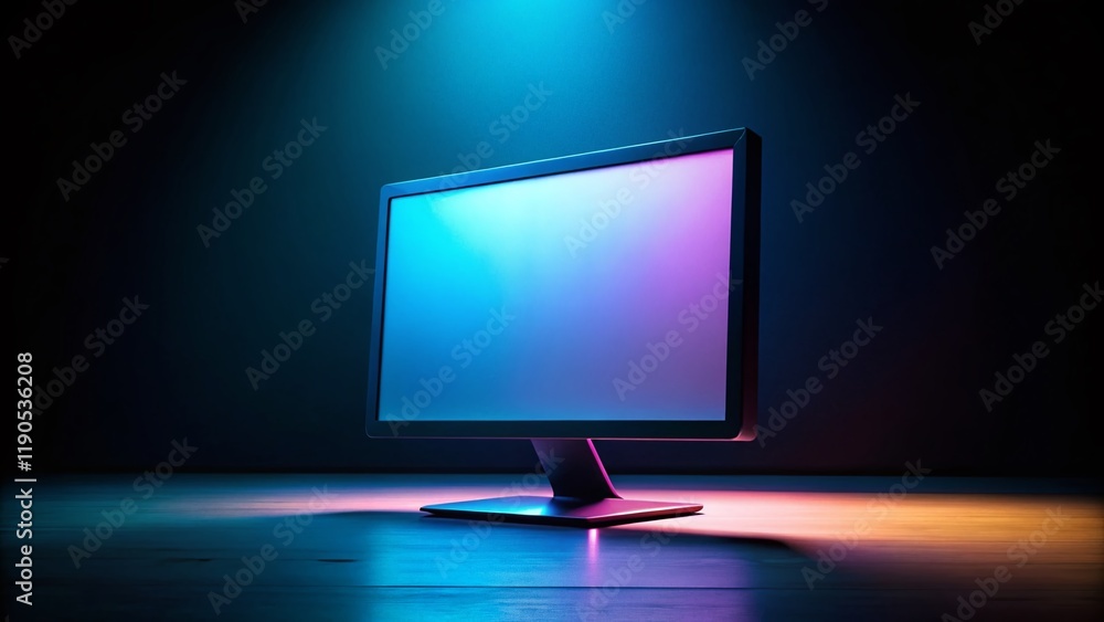 Dark Room, Blank Computer Screen, Copy Space - Panoramic Stock Photo Dark Room, Blank Computer Screen, Copy Space - Panoramic Stock Photo