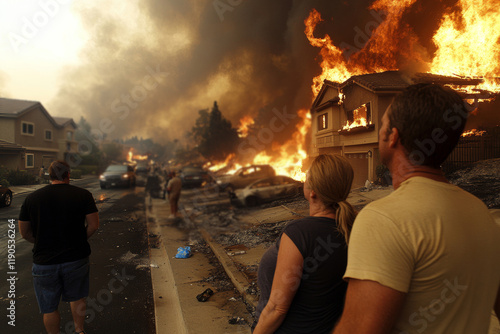 Couple watching burning houses in california wildfire disaster photo