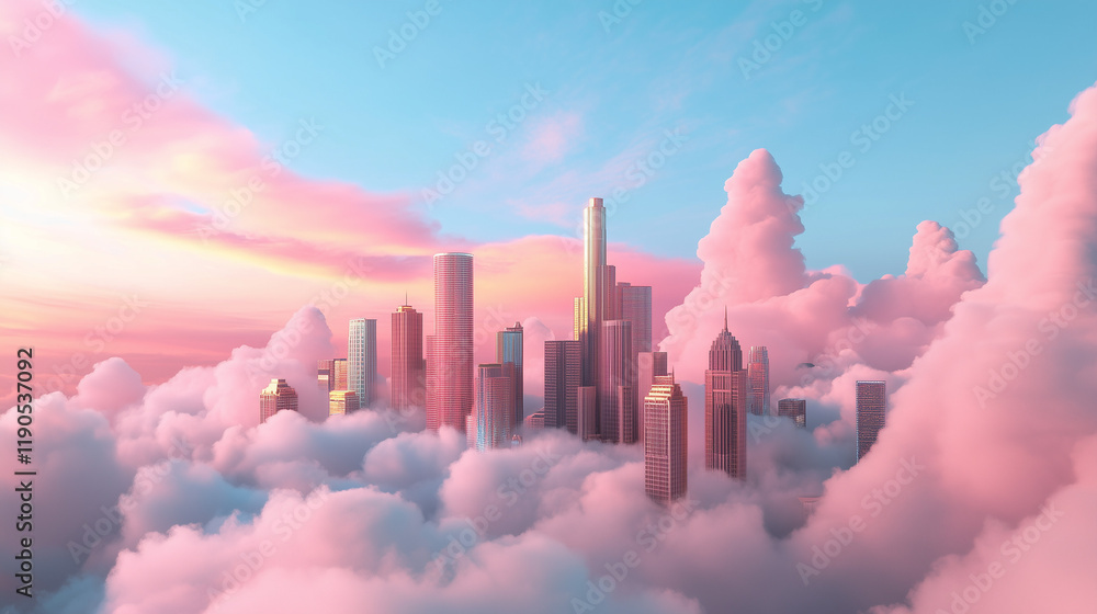 Fototapeta premium Fantastic Frontiers: A surreal glowing city nestled in ethereal clouds with vibrant pink and blue tones.