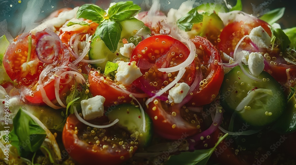 Fresh garden salad with sliced tomatoes, cucumber, feta, quinoa and red onion rings Fresh garden salad with sliced tomatoes, cucumber, feta, quinoa and red onion rings