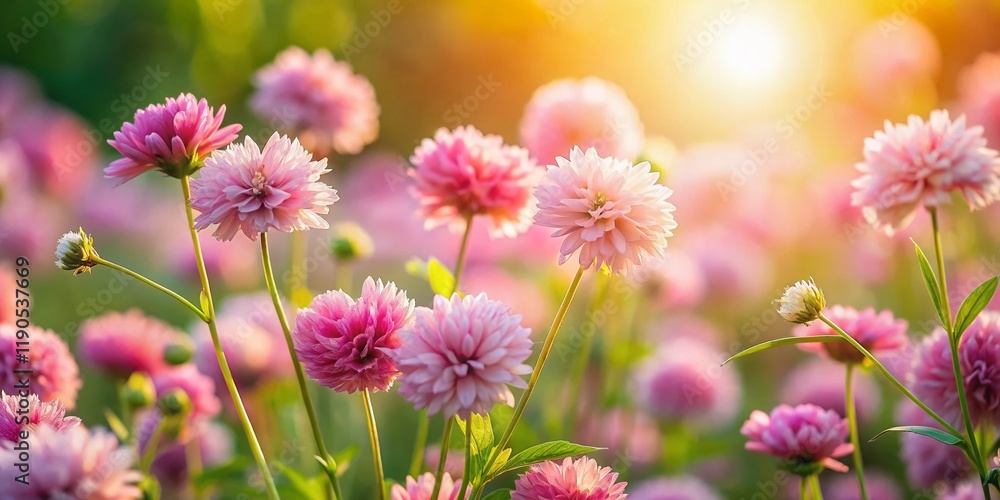 Fototapeta premium Delicate Pale Pink Wildflowers and Foliage - Full Frame Botanical Stock Photo