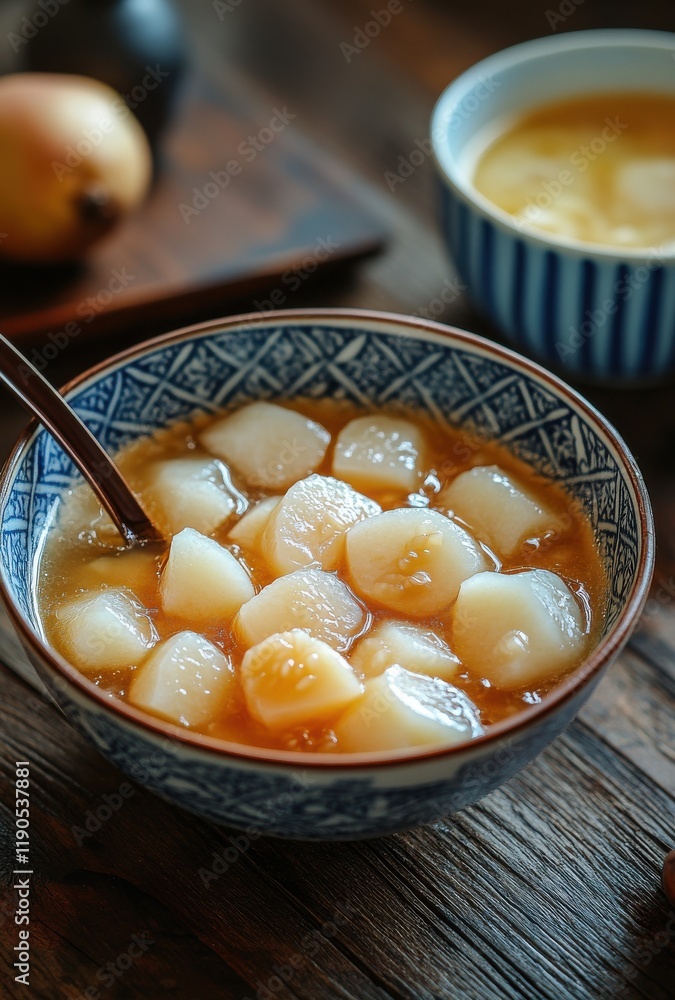 Warm and Comforting Dessert with Soft Pear and Sweet Syrup in a Beautiful Bowl Surrounded by Fresh Fruits and Nature-Inspired Elements Warm and Comforting Dessert with Soft Pear and Sweet Syrup in a Beautiful Bowl Surrounded by Fresh Fruits and Nature-Inspired Elements