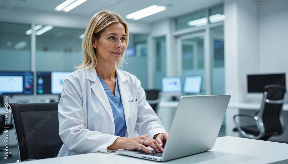 Focused doctor using laptop in modern medical office, professional care Focused doctor using laptop in modern medical office, professional care