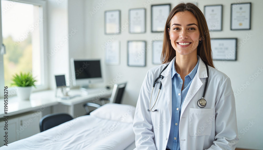 Hispanic female doctor smiling in medical office, trust and care Hispanic female doctor smiling in medical office, trust and care