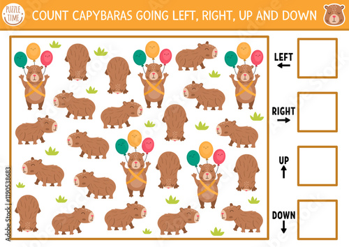 Capybara logic game with right, left, up, down concept for kids. I spy searching, counting activity with capibara. Printable space orientation worksheet for preschool children. Simple spotting puzzle