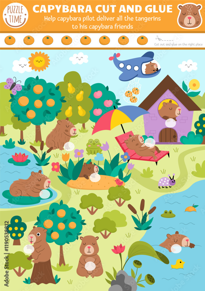 Obraz premium Vector capybara cut and glue activity. Crafting game with summer landscape, cute animals, tangerines. Fun printable worksheet for children. Find the right piece of the puzzle. Complete picture