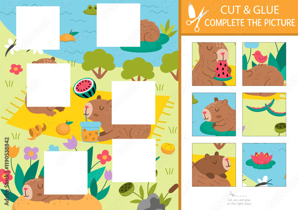 Fototapeta premium Vector capybara cut and glue activity. Crafting game with cute animals and summer nature landscape. Fill up scene with square sticker. Find the right piece of puzzle. Complete the picture