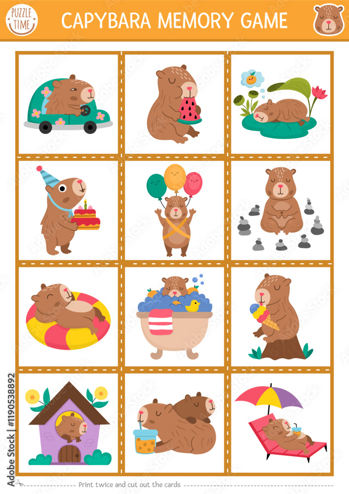 Vector capybara memory game cards with cute animals sleeping, meditating, relaxing. Capibara matching activity. Remember and find correct card. Simple printable worksheet for kids Vector capybara memory game cards with cute animals sleeping, meditating, relaxing. Capibara matching activity. Remember and find correct card. Simple printable worksheet for kids