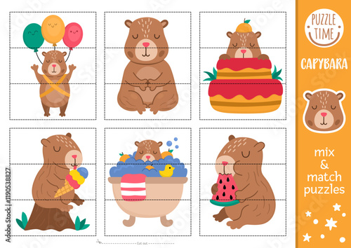 Vector capybara mix and match puzzle. Matching capibara activity for preschool kids. Educational printable game with cute animals flying on balloons, bathing, eating ice cream, meditating