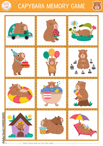 Vector capybara memory game cards with cute animals sleeping, meditating, relaxing. Capibara matching activity. Remember and find correct card. Simple printable worksheet for kids