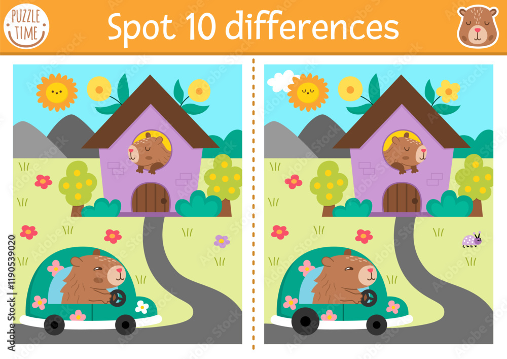 Obraz premium Find differences game for children. Capybara educational activity with cute animal driving car to his house. Puzzle for kids with capibara. Printable worksheet or page for logic, attention