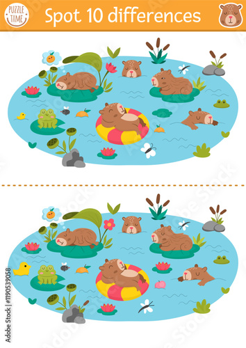 Find differences game for children. Capybara educational activity with cute animals swimming, having fun in pond. Puzzle for kids with capibara. Printable worksheet or page for logic, attention