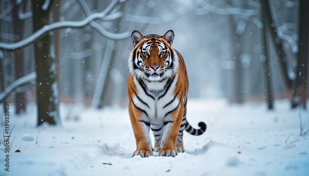 Fototapeta premium Solitary tiger walking through snowy forest, resilience in nature