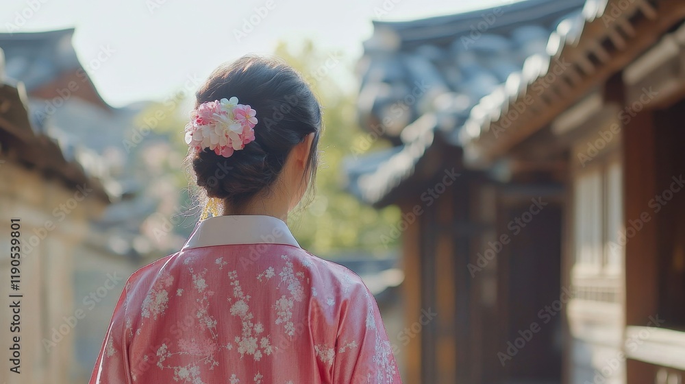 Fototapeta premium Back view of korean asian woman in traditional korean dress or hanbok dress walking in old palace in night with full moon, Seoul city, South Korea,copy space.