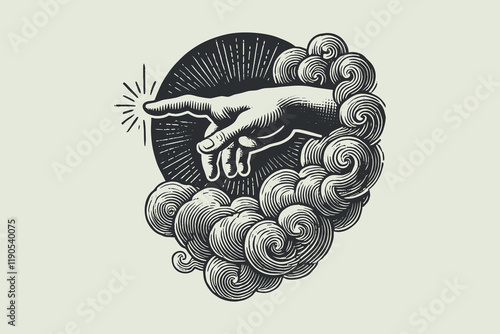 Engraved vintage illustration of God's hand pointing from clouds, vector