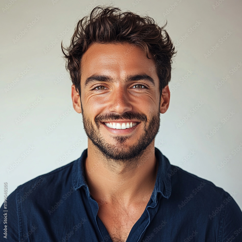 Fototapeta premium Smiling man with curly hair wearing dark shirt, isolated background
