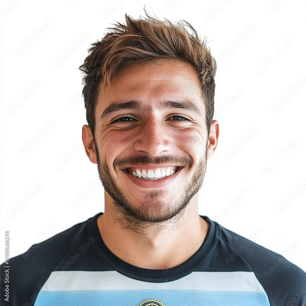 Smiling man with short hair wearing sports shirt on white background Smiling man with short hair wearing sports shirt on white background