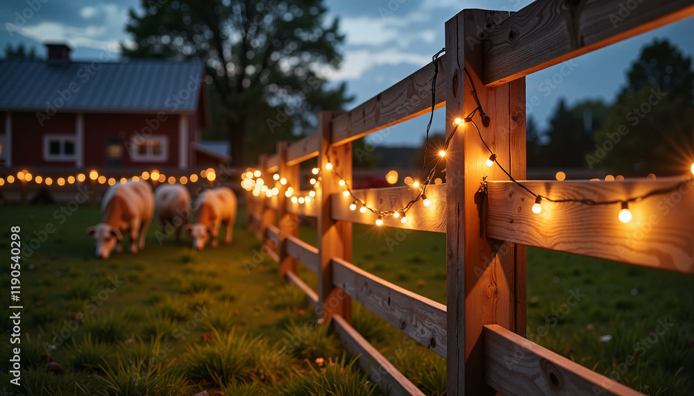 Twilight farmyard with fairy lights illuminating wooden fence, rustic charm Twilight farmyard with fairy lights illuminating wooden fence, rustic charm