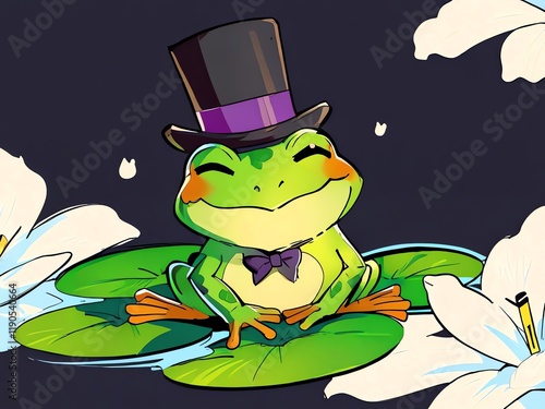 Elegant Frog in Top Hat on Lily Pad photo