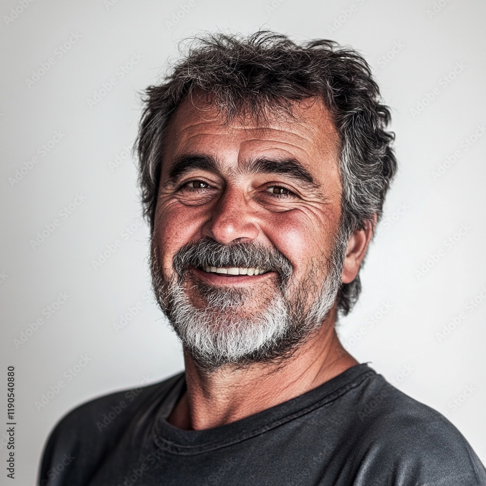 Fototapeta premium Smiling man with gray beard and short hair, isolated on white background