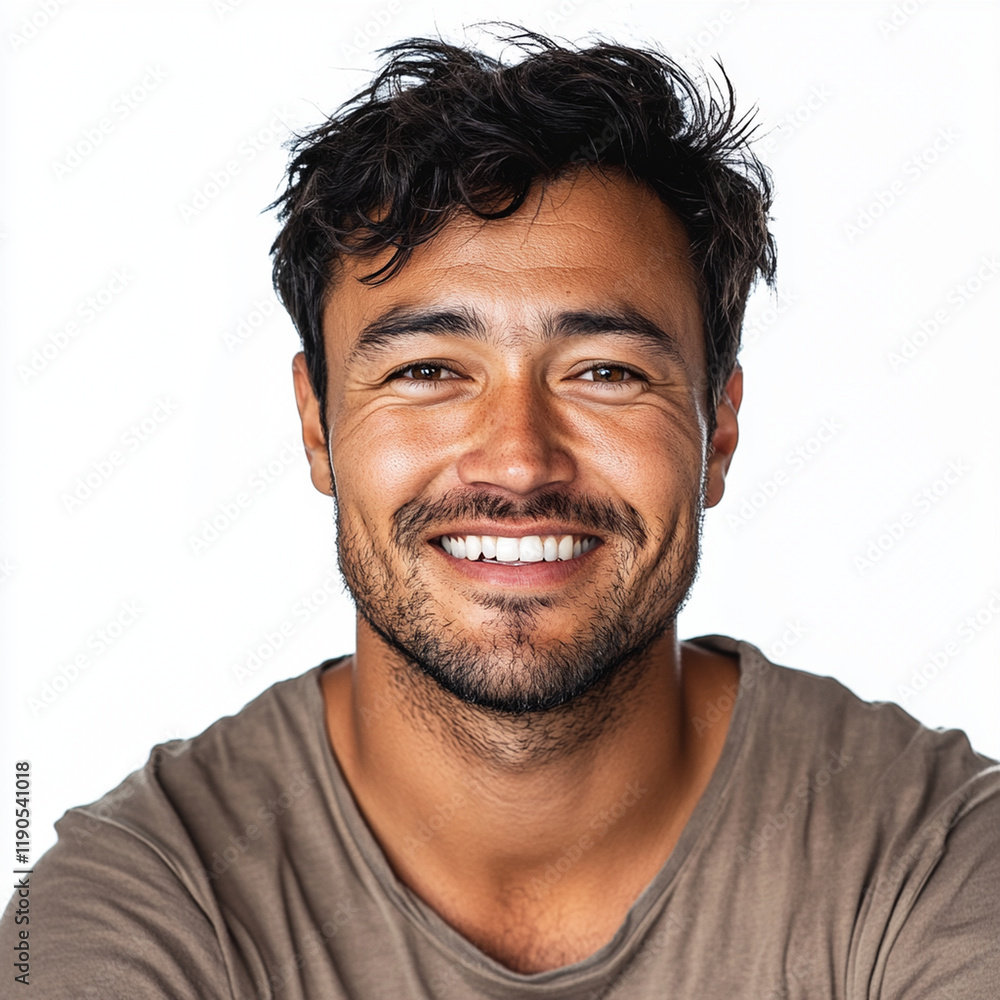 Fototapeta premium Smiling man with dark hair and beard, isolated on white background