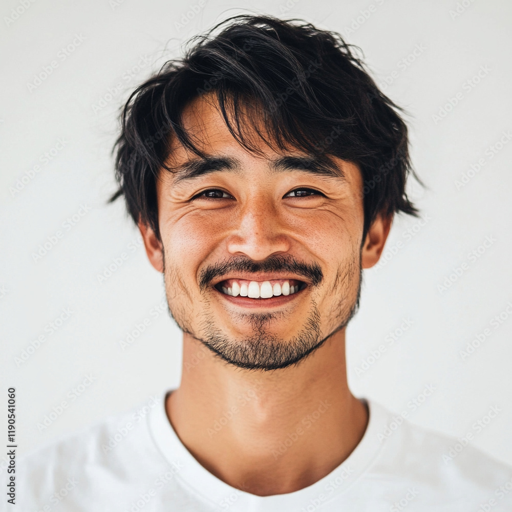 Smiling man with dark hair and beard, wearing white shirt Smiling man with dark hair and beard, wearing white shirt