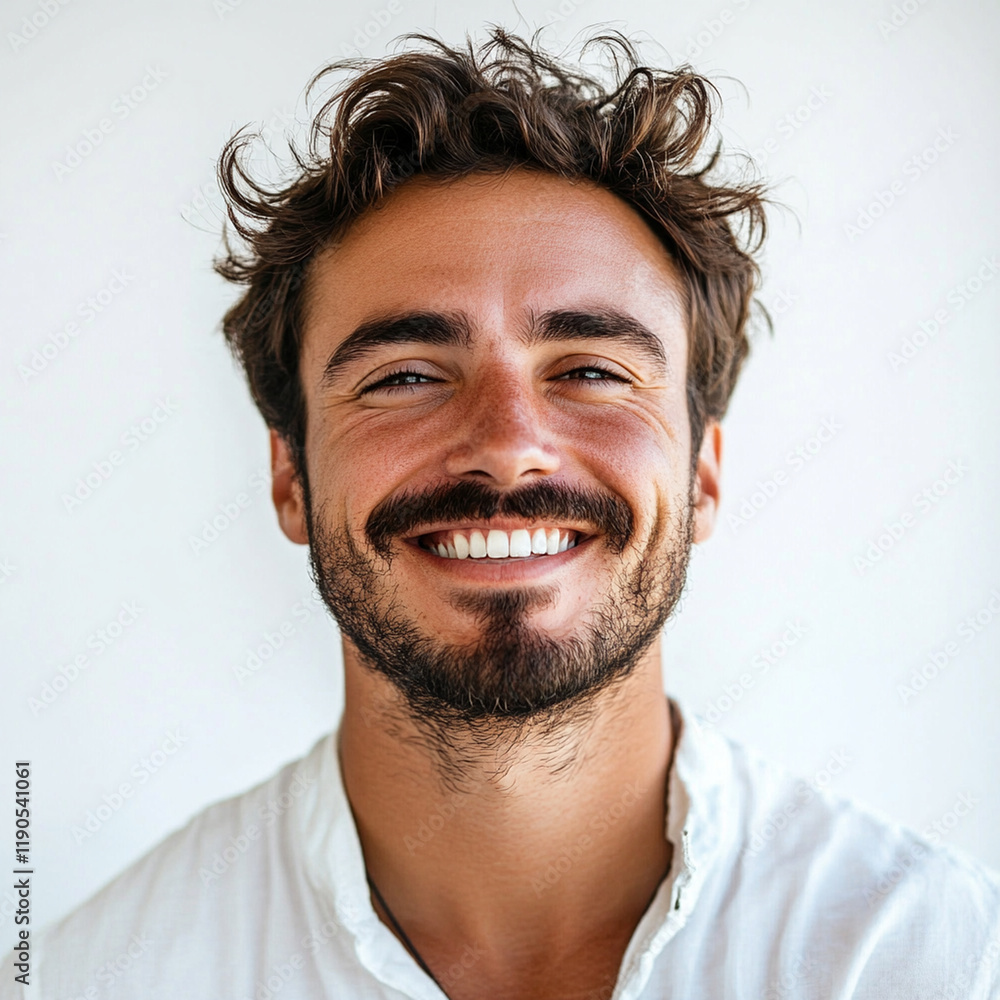 Fototapeta premium Smiling man with curly hair, wearing white shirt, isolated background