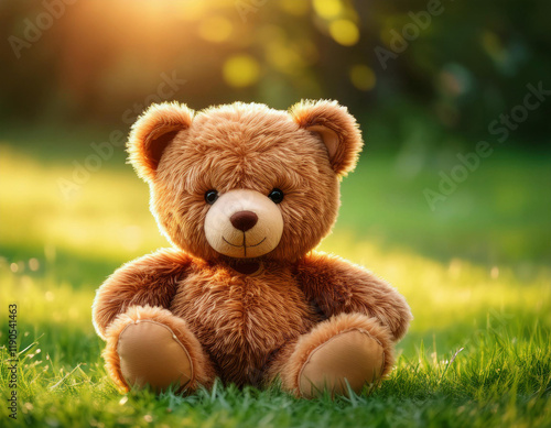 A cute brown teddy bear sits on green grass in a garden with beautiful golden sunlight and bokeh effects in the background.