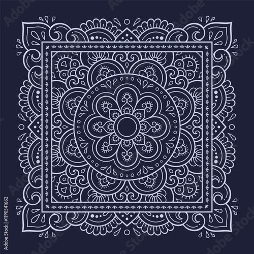 Circular pattern in form of mandala with flower for Henna, Mehndi, decoration. Blue decorative ornament in ethnic oriental style for a bandana. Outline doodle hand draw vector illustration.