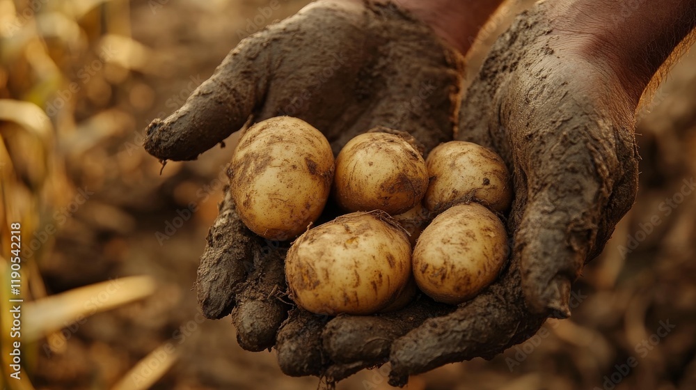 Close up of mud covered hands holding freshly harvested potatoes in a field showing the beauty of harvest season and rural life Close up of mud covered hands holding freshly harvested potatoes in a field showing the beauty of harvest season and rural life