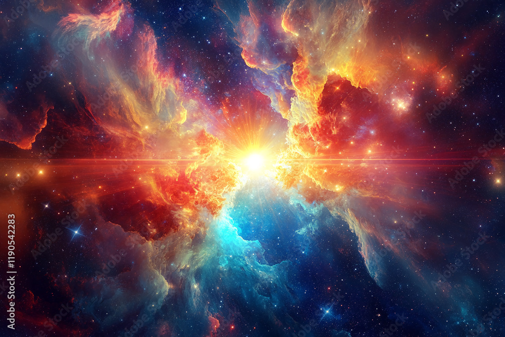 Naklejka premium Colorful cosmic explosion with vibrant nebulae and glowing starburst