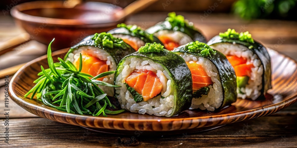 Delicious Salmon Sushi Rolls on Brown Plate - High-Resolution Stock Photo Delicious Salmon Sushi Rolls on Brown Plate - High-Resolution Stock Photo
