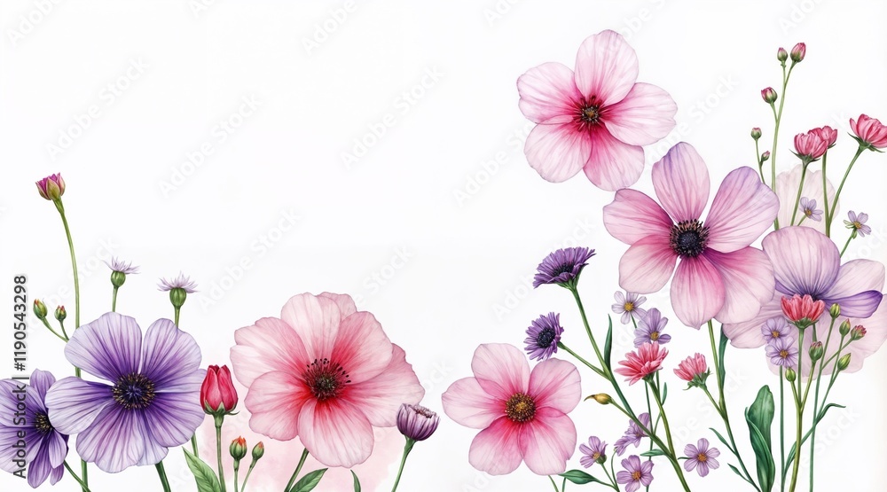 Fototapeta premium Delicate Watercolor Pink and Purple Floral Study