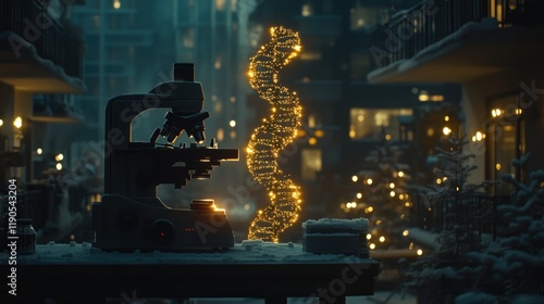 Microscope, DNA helix, winter cityscape, glowing lights, research, science. photo