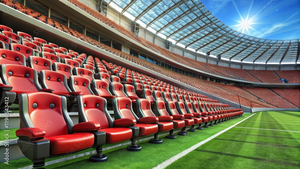 Obraz premium Football stadium seats with giant soccer emblems on the field , sporting event