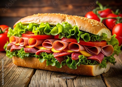 Delicious Sub Sandwich with Salami, Ham, Cheese, Tomatoes & Lettuce - Close-up Stock Photo photo