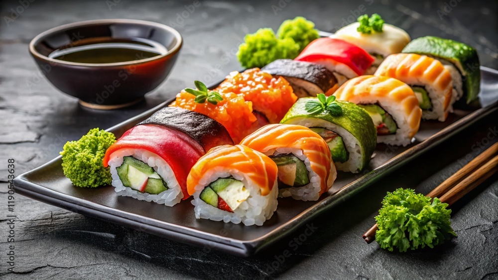 Delicious Sushi Rolls with Wasabi and Soy Sauce on a Plate - Stock Photo Delicious Sushi Rolls with Wasabi and Soy Sauce on a Plate - Stock Photo
