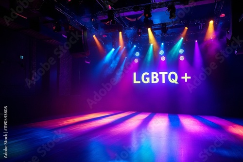 High-Energy Dance Floor with Rainbow Spotlights and 'LGBTQ+' Glowing on an LED Screen photo