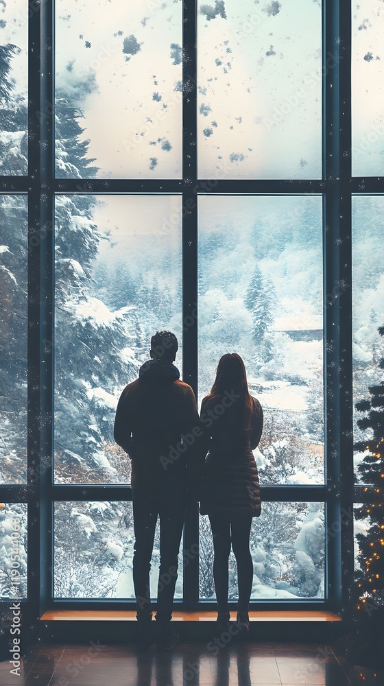 Fototapeta premium 68. A couple standing in front of a large window, gazing out at a soft, snowy landscape