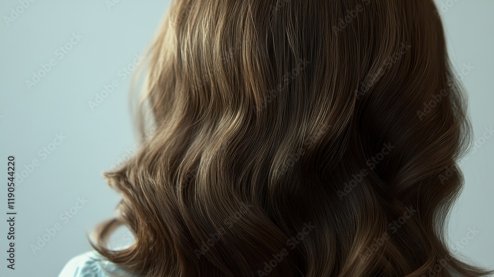 Naklejka premium Beautiful model girl with Brown hair strand,silky healthy chestnut wavy hair strand,hair wavy ribbon, with smooth,Keratin straightening,Treatment,straight long hair,procedures,Smooth hairstyle.